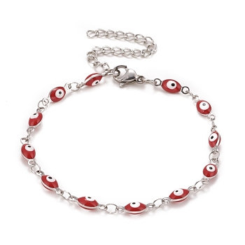 Enamel Horse Eye Link Chains Bracelet, 304 Stainless Steel Jewelry for Women, Stainless Steel Color, Red, 6-3/4 inch(17.1cm)