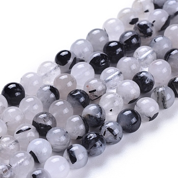 Natural Tourmalinated Quartz/Black Rutilated Quartz Beads Strands, Round, 6~6.5mm, Hole: 0.7mm, about 63pcs/strand, 15.16 inch(38.5cm)