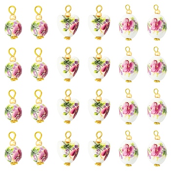 15Pcs 3 Styles Printed Handmade Porcelain Pendants, with Iron Findings, White, 19~20mm, Hole: 2~3mm, 5pcs/style