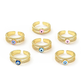 Enamel Evil Eye Open Cuff Ring with Cubic Zirconia, Real 18K Gold Plated Brass Jewelry for Women, Cadmium Free & Lead Free, Mixed Color, US Size 6(16.5mm)