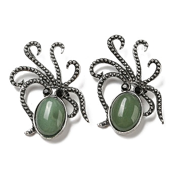 Natural Green Aventurine Octopus Brooch, Alloy Pave Jet Rhinestone Sea Animal Pins, Antique Silver, 52.5~53x36.5x8~9mm, Hole: 7x4mm