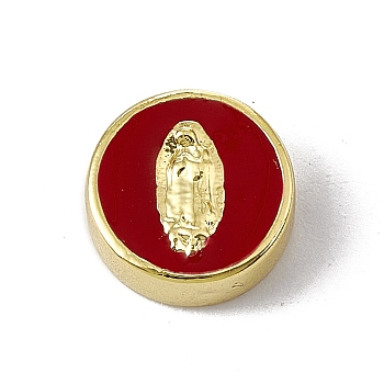 Real 18K Gold Plated Brass Enamel Beads, Long-Lasting Plated, Religion, Cadmium Free & Lead Free, Flat Round with Virgin Mary, FireBrick, 11x4.5mm, Hole: 1.8mm