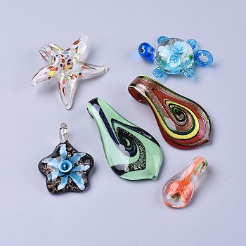 Handmade Lampwork Pendants, Mixed Shapes, Mixed Color, 35~61x17~49x6.5~10mm, Hole: 4~9mm, about 5pcs/bag