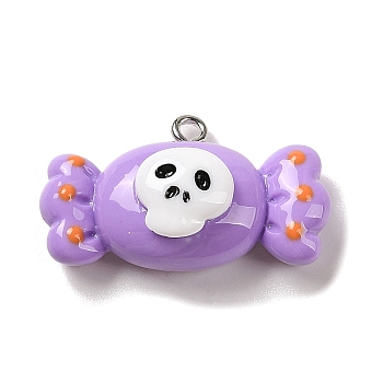 Opaque Resin Pendants, Halloween Charms with Platinum Tone Alloy Loops, Medium Purple, Candy Skull, 17x30.5x11mm, Hole: 1.5mm