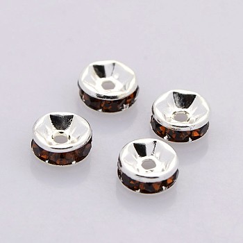 Brass Rhinestone Spacer Beads, Grade A, Straight Flange, Silver Color Plated, Rondelle, Coffee, 6x3mm, Hole: 1mm