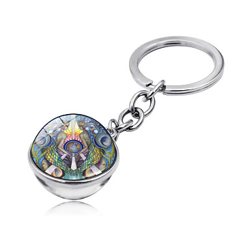 Yoga Mandala Pattern Double-Sided Glass Half Round/Dome Pendant Keychain, with Alloy Findings, for Car Bag Pendant Accessories, Lime Green, 7.9cm