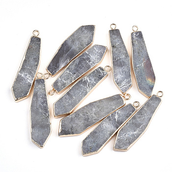 Electroplate Natural Labradorite Pendants, with Iron Findings, Sword, Golden, 42~43x10~11x4mm, Hole: 2mm
