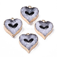 Natural Druzy Agate Pendants, Druzy Trimmed Stone, with Light Gold Plated Edge and Iron Loop, Heart, 21x18x6~7mm, Hole: 1.8mm(G-N326-65)