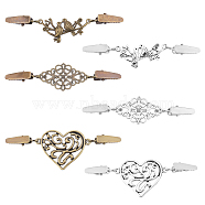 6PCS 6 Style Vintage Alloy Cardigan Clips, Sweater Collar Clips, Peach Hearts & Bird & Flower, Mixed Color, 95~103mm, 1pc/style(JEWB-GA0001-03)