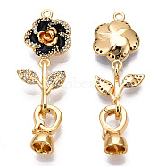 Brass Crystal Rhinestone Fold Over Clasps, with Enamel, Real 18K Gold Plated, Flower, Black, Flower: 17x12x4mm, Leaf: 15x12.5x4.5mm, Clasps: 12x7x6mm, Inner Diamater: 4.5mm, Pin: 0.6mm(KK-P223-28G-02)