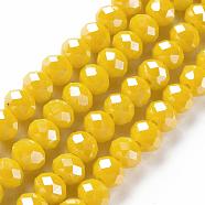Electroplate Glass Beads Strands, Pearl Luster Plated, Faceted, Rondelle, Yellow, 6x5mm, Hole: 1mm, about 85~88pcs/strand, 16.1~16.5 inch(41~42cm)(EGLA-A034-P6mm-A07)