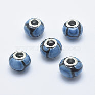 Handmade Polymer Clay European Beads, with Silver Color Plated Brass Cores, Large Hole Beads, Rondelle, Dodger Blue, 13~16x8~11mm, Hole: 4.5~5mm(CLAY-K002-C02)