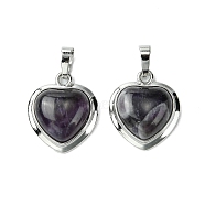 Natural Amethyst Pendants, Heart Charms with Rack Plating Platinum Plated Brass Findings, Cadmium Free & Lead Free, Cadmium Free & Lead Free, 23x19.5x8~9mm, Hole: 7x5mm(G-C114-03P-24)