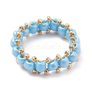 Round Glass Seed Beaded Finger Rings, with Real 18K Gold Plated Copper Wire, Light Sky Blue, US Size 10 3/4(20.3mm)(RJEW-JR00307-04)