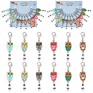 Alloy Enamel & Acrylic Pendant Locking Stitch Markers, Zinc Alloy Lobster Claw Clasps & Steel Wine Glass Charm Rings Stitch Marker, Owl & Flat Round, Mixed Color, 6cm, 6 color, 2pcs/color, 12pcs/set(HJEW-AB00179)