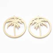 Brass Pendants, Etched Metal Embellishments, Flat Round with Coconut Tree, Light Gold, 37x35x0.3mm, Hole: 1.2mm(X-KKC-T001-32KC)