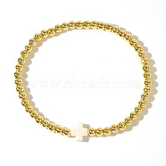 Stainless Steel Bead Stretch Bracelets for Women, with Plastic Cross, PapayaWhip, 6-7/8 inch(17.5cm)(PB2663-4)