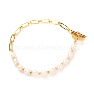 Natural Pearl Beaded Bracelets for Girl Women Gift, Flower Toggles Clasps Brass Figaro Chain Bracelet, Real 18K Gold Plated, 7-7/8 inch(20cm)(X-BJEW-JB06821)