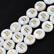 Natural Freshwater Shell Beads, with Enamel, Horizontal Hole, Flat Round with Alphabet, Letter.B, 8x3.5~4.5mm, Hole: 0.5mm, about 40pcs/strand, 12.20~12.60inch(31~32cm)(SHEL-S276-168B)