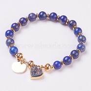 Natural Lapis Lazuli Beads Stretch Bracelets, with Electroplate Natural Druzy and Brass Findings, Heart and Flat Round, 2-1/8 inch(5.5cm), Charms: 12~13x12x1~7mm(BJEW-I261-01B)