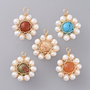 Handmade Natural & Synthetic Mixed Stone Pendants, with Real 18K Gold Plated Copper Wire, Flower, Mixed Color, 22~24x19~20x5.5~6mm, Hole: 2~3mm(PALLOY-JF00408-M)