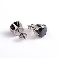 Round Cubic Zirconia Stud Earrings, with 304 Stainless Steel Pins, Black, 7mm, Pin: 0.9mm(EJEW-H306-39-7mm)
