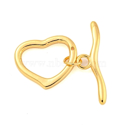 Brass Toggle Clasps, Heart, Real 18K Gold Plated, Heart: 14.5x17.5x2.2mm, Hole: 8x13mm, Bar: 24.5x7x1.6mm, Hole: 3mm(KK-A223-28G)