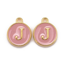 Golden Plated Alloy Enamel Charms, Cadmium Free & Lead Free, Enamelled Sequins, Flat Round with Letter, Pink, Letter.J, 14x12x2mm, Hole: 1.5mm(X-ENAM-S118-07J)