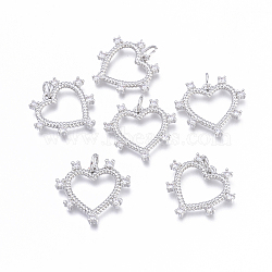 Brass Micro Pave Cubic Zirconia Pendants, Long-Lasting Plated, Cadmium Free & Lead Free & Nickel Free, Textured, Heart, Clear, Platinum, 19x20x2mm, Hole: 3.4mm(KK-I673-14P)