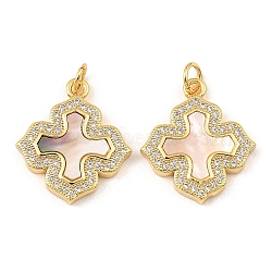 Brass Cubic Zirconia with Shell Pendants, Long-Lasting Plated, Lead Free & Cadmium Free, Cross, Real 18K Gold Plated, 20.5x18x3mm(KK-K342-15G)