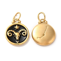 Ion Plating(IP) 304 Stainless Steel Enamel Pendants, with Jump Ring, Flat Round with Constellation, Golden, Aries, 20.5x17x2.5~3.5mm, Hole: 4x6mm(STAS-A080-43G-03)