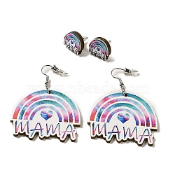 Mother's Day Theme Rainbow with Word Mama Wood Studs & Dangle Earrings Set, 316 Steel Needle Jewelry for Women, Colorful, 60x45mm(SJEW-K002-05)