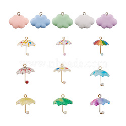 PandaHall Jewelry 28Pcs 14 Style Cloud Resin Pendants & Printed Acrylic Pendants,  with ABS Plastic Imitation Pearl and Golden Plated Brass Loops, 3D Umbrella with Heart Pattern, Mixed Color, 2pcs/style(DIY-PJ0001-18)
