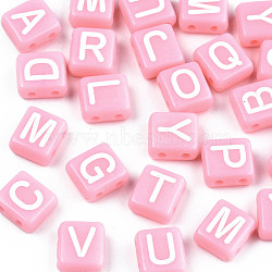 Opaque Acrylic Multi-Strand Links, for Tile Elastic Bracelets Making, Rectangle with Random Letter, Pink, 8x9x4.5mm, Hole: 1.5mm, about 1900pcs/500g(MACR-T038-09A)