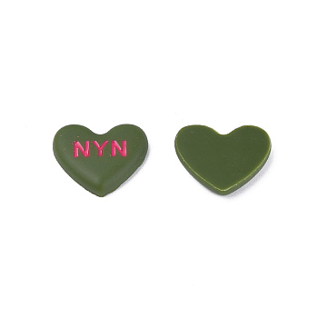 Acrylic Enamel Cabochons, Heart with Word NYN, Dark Olive Green, 20x23x5mm