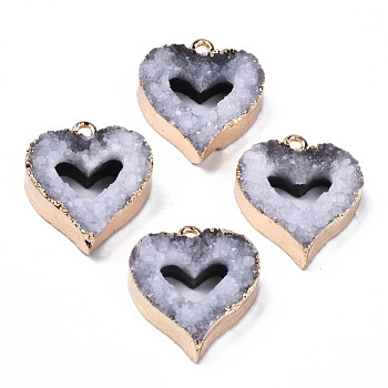 Natural Druzy Agate Pendants, Druzy Trimmed Stone, with Light Gold Plated Edge and Iron Loop, Heart, 21x18x6~7mm, Hole: 1.8mm