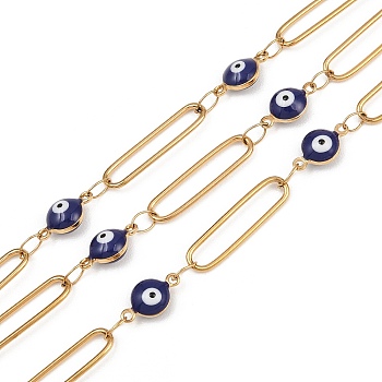 304 Stainless Steel Enamel Evil Eye & Long Oval Link Chains, Ion Plating(IP), Soldered, with Spool, Real 18K Gold Plated, Dark Blue, 20x5x1mm