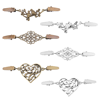 6PCS 6 Style Vintage Alloy Cardigan Clips, Sweater Collar Clips, Peach Hearts & Bird & Flower, Mixed Color, 95~103mm, 1pc/style