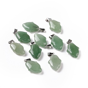 Natural Green Aventurine Pendants, Hamsa Hand Charms, with Platinum Plated Alloy Snap on Bails, 24~24.5x15x7mm, Hole: 5.5x3mm