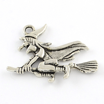 Tibetan Style Halloween Witch Alloy Pendants, Cadmium Free & Lead Free, Antique Silver, 29.5x37x3.5mm, Hole: 3mm