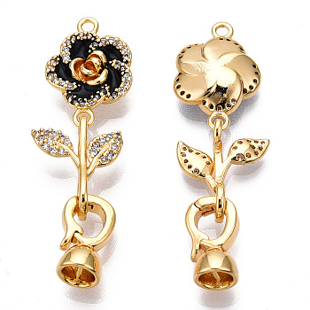 Brass Crystal Rhinestone Fold Over Clasps, with Enamel, Real 18K Gold Plated, Flower, Black, Flower: 17x12x4mm, Leaf: 15x12.5x4.5mm, Clasps: 12x7x6mm, Inner Diamater: 4.5mm, Pin: 0.6mm