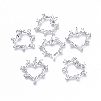 Brass Micro Pave Cubic Zirconia Pendants, Long-Lasting Plated, Cadmium Free & Lead Free & Nickel Free, Textured, Heart, Clear, Platinum, 19x20x2mm, Hole: 3.4mm