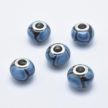 Handmade Polymer Clay European Beads, with Silver Color Plated Brass Cores, Large Hole Beads, Rondelle, Dodger Blue, 13~16x8~11mm, Hole: 4.5~5mm