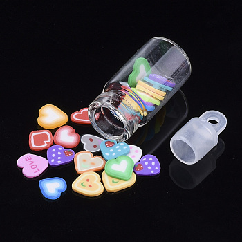 Handmade Polymer Clay Nail Art Decoration Accessories, with Glass Wishing Bottle and CCB Plastic Bottle Stopper, Heart, Mixed Color, 4~6x5~6x0.5~1mm