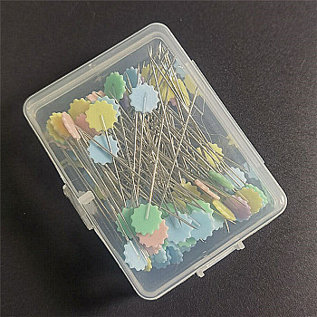 Flat Head Straight Iron Pins, Plastic Flower Head Sewing Positioning Pins, for Dressmaker, Sewing Projects, and DIY Jewelry Decoration, Mixed Color, Platinum, Flower Pattern, 55mm, Packaging: 70x50x25mm, 50pcs/set