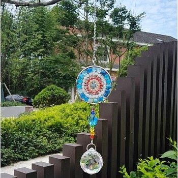 Glass Teardrop Pendant Decoration, Wind Chime, with Natural Agate Mandala Charm for Home Christmas Tree Decoration, 400mm