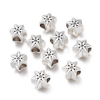 Alloy European Beads, Large Hole Beads, Snowflake Shape, Antique Silver, 10x9x6.5mm, Hole: 4mm