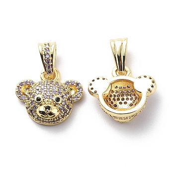 Brass Cubic Zirconia Charms, Bear Head Charm, Real 18K Gold Plated, Lilac, 14x16x6.5mm, Hole: 3.5x6.5mm