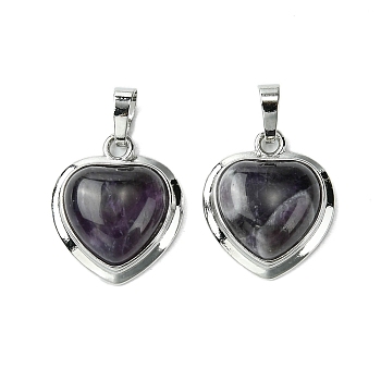 Natural Amethyst Pendants, Heart Charms with Rack Plating Platinum Plated Brass Findings, Cadmium Free & Lead Free, Cadmium Free & Lead Free, 23x19.5x8~9mm, Hole: 7x5mm