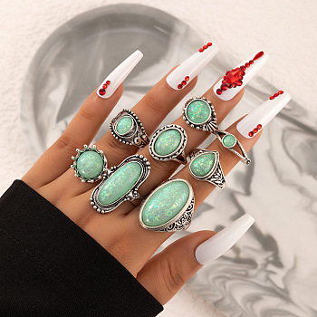 Synthetic Turquoise Finger Rings Set, Gothic Alloy Jewelry for Women, Aquamarine, Inner Diameter: 16~18mm, 1Pc/style, 8Pcs/set